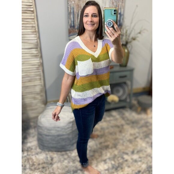 🎭Mardi Gras Deep V Neck Loose Striped Sweater Shirt Purple Green & Gold 5021 - Picture 1 of 8